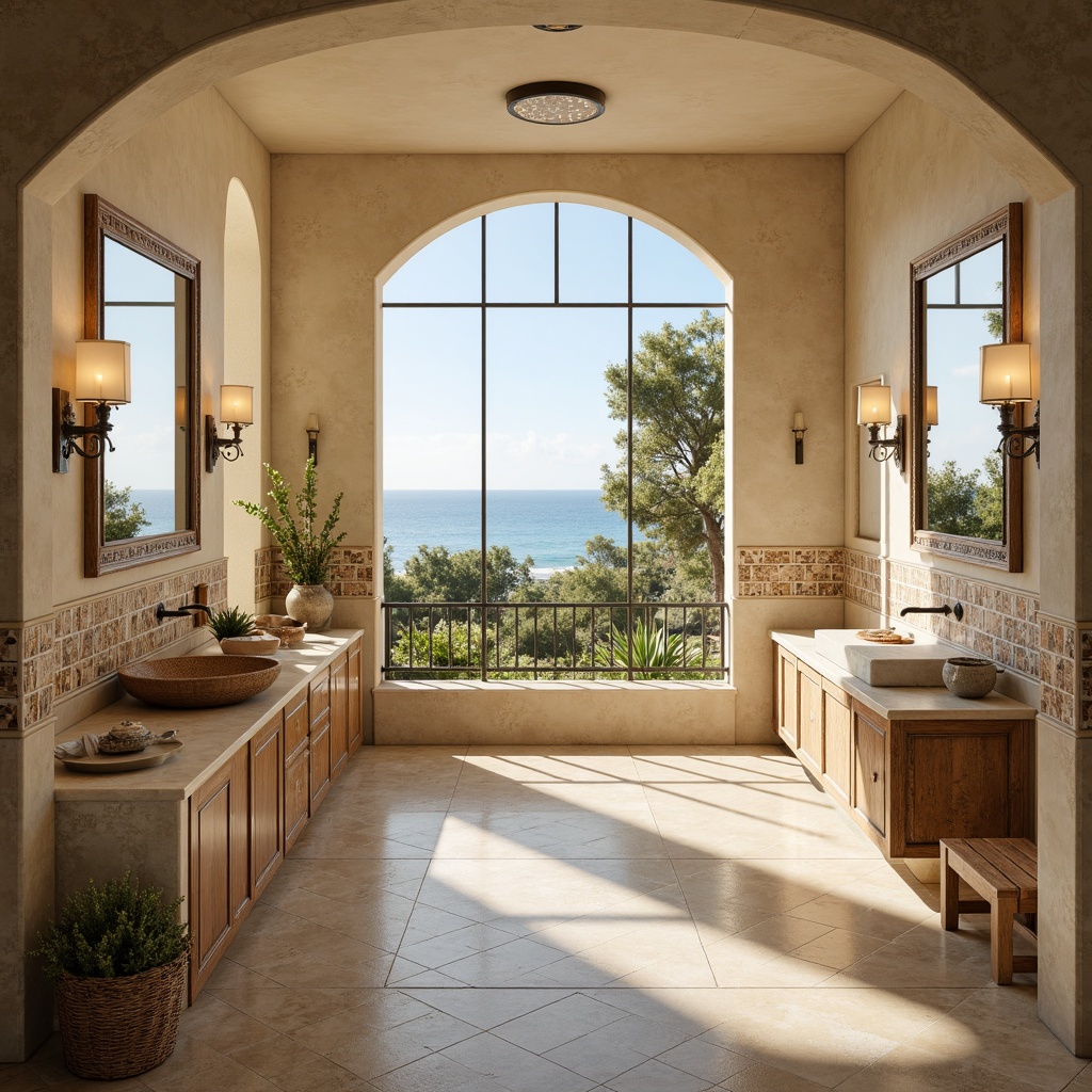 Prompt: Soft warm lighting, Mediterranean-style bathroom, creamy marble floors, ornate mosaic tiles, elegant curved lines, natural stone walls, large windows, sunny day, gentle ocean breeze, rustic wooden cabinets, distressed metal fixtures, warm beige colors, soft pastel hues, ambient occlusion, shallow depth of field, 3/4 composition, panoramic view, realistic textures, LED strips under countertops, pendant lights above sink, wall-mounted sconces, frosted glass shades, warm white color temperature.