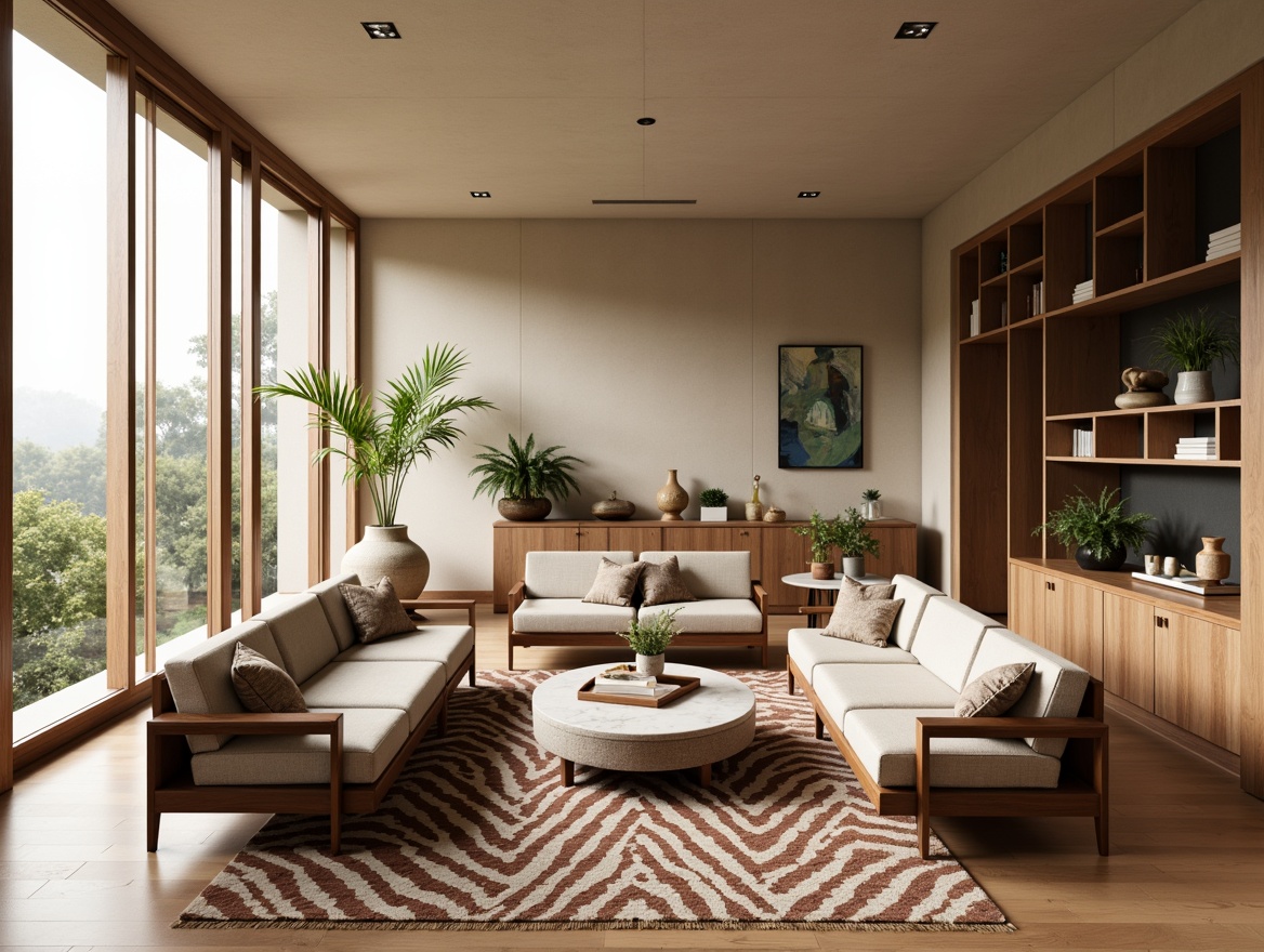 Prompt: Retro-inspired living room, walnut wood furniture, sleek low-profile sofas, tapered legs, tufted upholstery, geometric patterned rugs, floor-to-ceiling windows, natural light, organic shapes, minimalist decor, vintage decorative accents, brass hardware, marble coffee tables, potted plants, warm beige walls, soft diffused lighting, 1/1 composition, realistic textures, ambient occlusion.