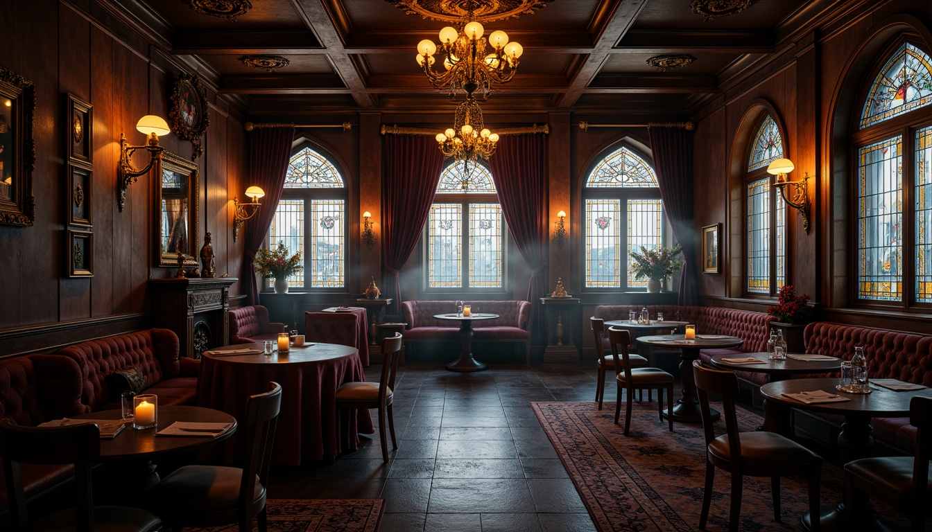 Prompt: Dimly lit pub, rich wood tones, ornate furnishings, stained glass windows, grand chandeliers, warm candlelight, mysterious ambiance, dark stone walls, heavy drapery, luxurious velvet fabrics, intricate carvings, majestic archways, golden accents, mystical symbols, dramatic shadows, low-key lighting, warm color palette, 1/2 composition, realistic textures, atmospheric fog.