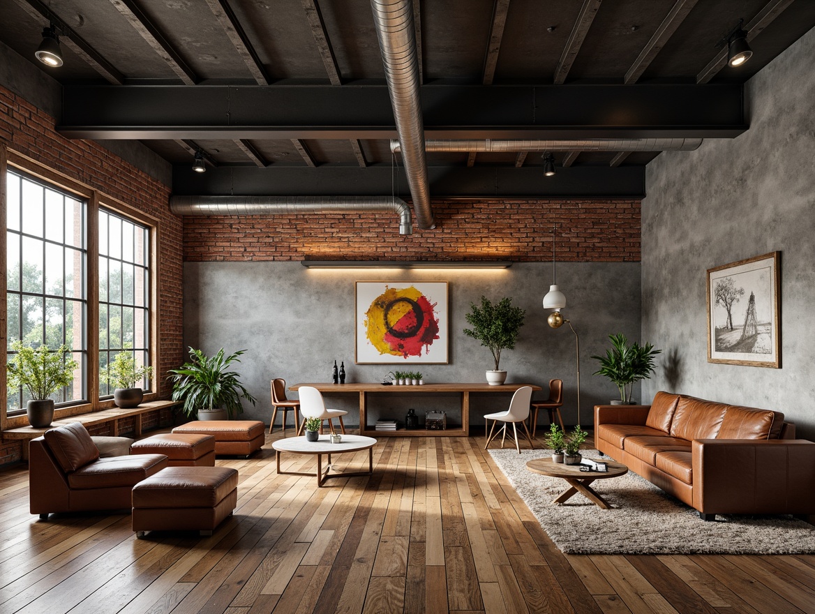 Prompt: Exposed brick walls, metal beams, industrial lighting fixtures, reclaimed wood floors, distressed leather furniture, urban loft atmosphere, modern minimalist decor, functional decorative elements, exposed ductwork, concrete accent walls, metallic color palette, edgy contemporary style, raw unfinished textures, open space layout, natural light pouring in, high ceilings, abstract industrial artwork, steel framed windows, brutalist architecture inspiration.