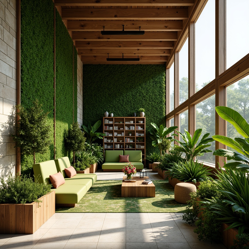 Prompt: Lush green walls, vibrant planters, natural stone facades, wooden accents, earthy tones, modern minimalist architecture, floor-to-ceiling windows, abundant natural light, cozy reading nooks, plush green sofas, botanical patterns, tropical leaves, exotic flowers, warm sunny day, soft warm lighting, shallow depth of field, 3/4 composition, panoramic view, realistic textures, ambient occlusion.