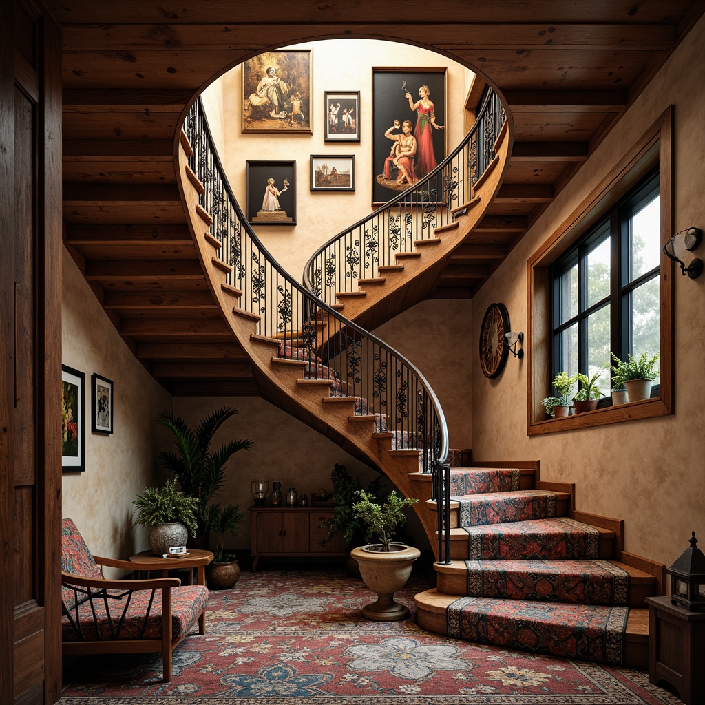 Prompt: Whimsical eclectic staircase, ornate stair railings, distressed wood tones, vintage metal balusters, curved lines, mismatched steps, colorful risers, playful textiles, bohemian-inspired patterns, rich wood grains, bronze accents, soft warm lighting, dramatic shadows, atmospheric perspective, 1/1 composition, shallow depth of field, realistic textures.