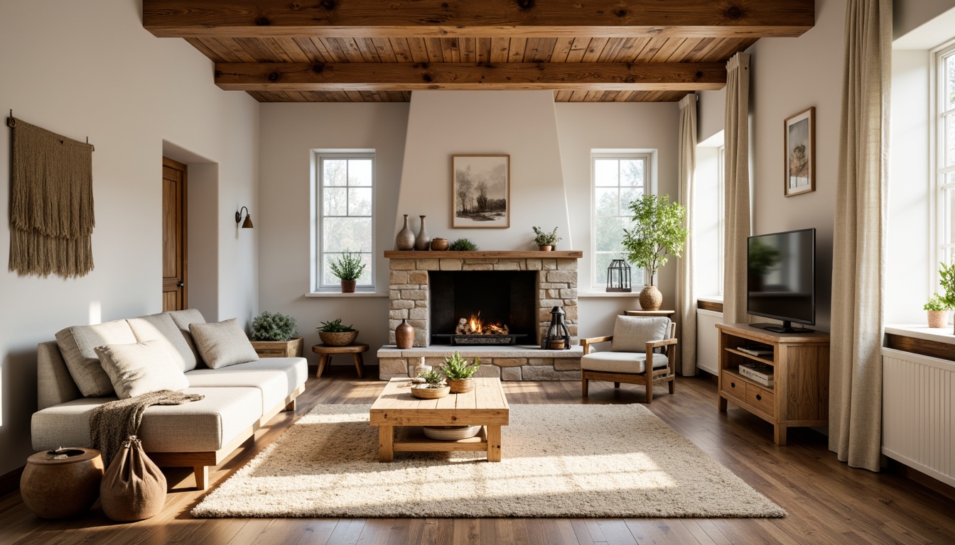 Prompt: Light-filled Scandinavian living room, natural wood accents, oak flooring, pine ceiling, stone fireplace, woven textiles, jute rug, linen upholstery, reclaimed wood furniture, minimal ornamentation, earthy color palette, soft warm lighting, shallow depth of field, 3/4 composition, realistic textures, ambient occlusion, cozy atmosphere, nature-inspired decorative elements.