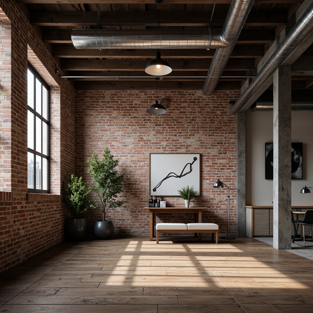 Prompt: Exposed brick walls, industrial metal accents, reclaimed wood floors, minimalist decor, functional lighting fixtures, urban loft atmosphere, neutral color palette, distressed finishes, steel beams, polished chrome hardware, modern machinery elements, industrial-chic aesthetic, rustic textures, dramatic shadows, high-contrast photography, wide-angle lens, low-key lighting, 2/3 composition.