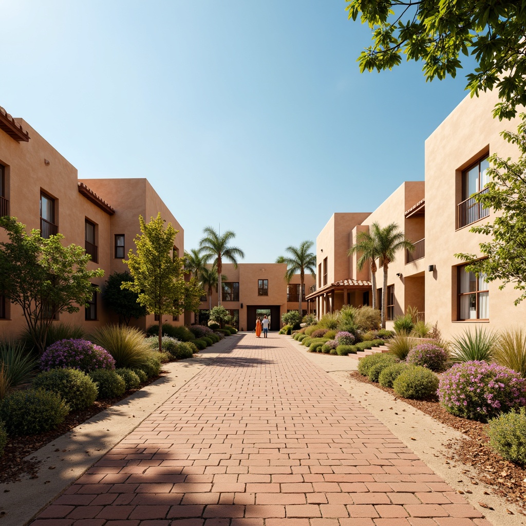 Prompt: Warm beige adobe buildings, rustic terracotta roofs, earthy red-brick walkways, vibrant turquoise accents, lush greenery, cacti plants, sandy dunes, clear blue sky, warm sunny day, soft natural lighting, shallow depth of field, 3/4 composition, panoramic view, realistic textures, ambient occlusion.