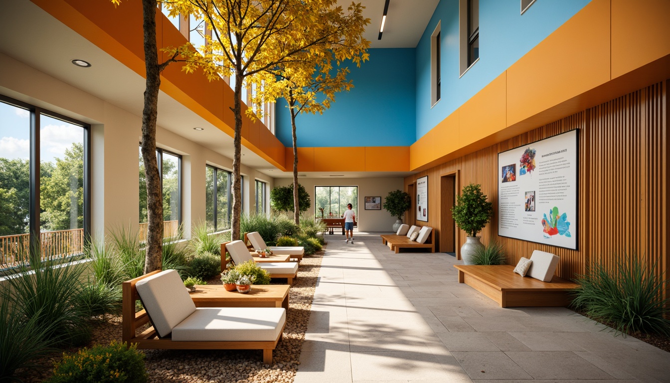 Prompt: Vibrant community center, warm beige walls, rich wood accents, calming blue tones, energetic orange hues, playful yellow highlights, lush greenery, natural stone floors, cozy seating areas, wooden benches, educational posters, modern lighting fixtures, soft warm ambiance, shallow depth of field, 3/4 composition, realistic textures, ambient occlusion.