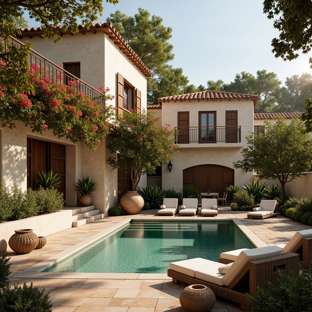 Prompt: Warm Mediterranean villa, rustic stone walls, terracotta roof tiles, lush greenery, vibrant bougainvillea flowers, turquoise pool water, wooden shutters, wrought iron balconies, soft beige stucco, earthy brown ceramics, warm golden lighting, shallow depth of field, 3/4 composition, panoramic view, realistic textures, ambient occlusion, warm cream-colored furniture, distressed wood accents, natural linen fabrics, woven wicker baskets.