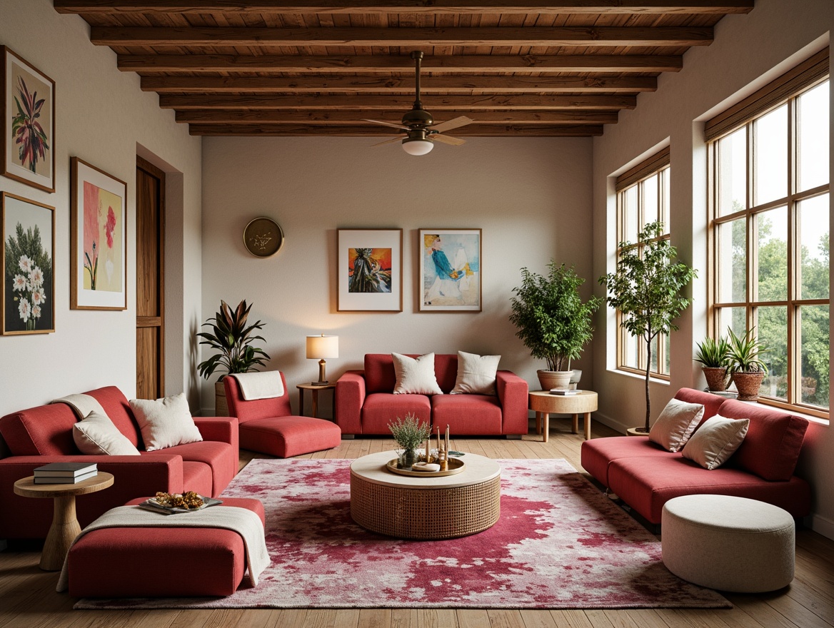 Prompt: Vibrant artistic studio, eclectic furniture, bohemian decor, natural wood accents, earthy tones, soothing pastels, creamy whites, rich berry hues, metallic gold accents, soft velvet textiles, ambient warm lighting, 3/4 composition, shallow depth of field, realistic textures, subtle gradient effects.