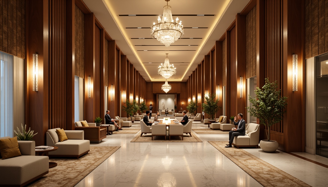 Prompt: Elegant bank interior, rich wood accents, sophisticated chandeliers, warm ambient lighting, soft golden glow, comfortable seating areas, luxurious carpets, marble floors, ornate columns, high ceilings, classic architectural details, dramatic spotlights, subtle LED lighting, modern minimalism, creamy white tones, subtle texture contrasts, shallow depth of field, 1/1 composition, realistic renderings, ambient occlusion.