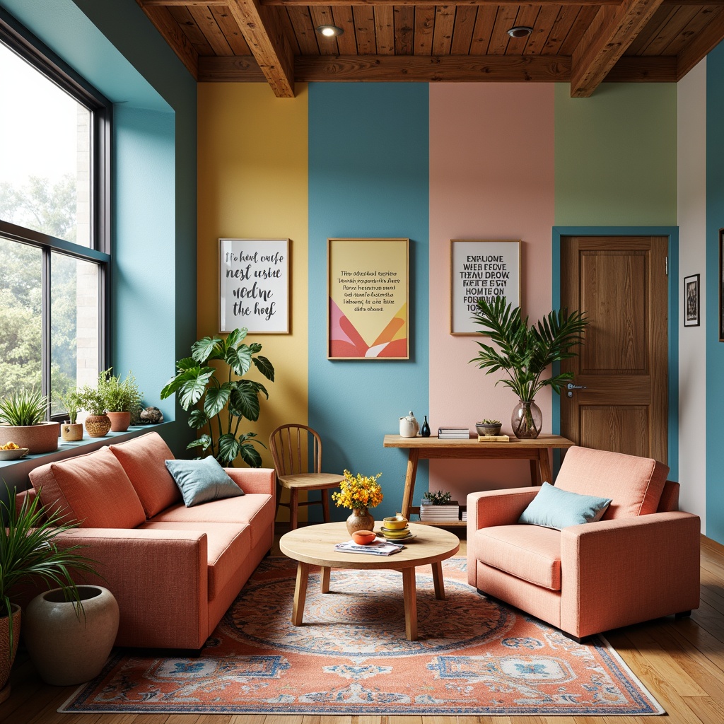 Prompt: Vibrant artistic studio, eclectic furniture, bold color blocks, pastel hues, rich textures, modern art pieces, creative inspirational quotes, natural wood accents, minimalist decor, large windows, soft warm lighting, shallow depth of field, 1/1 composition, realistic render, ambient occlusion.