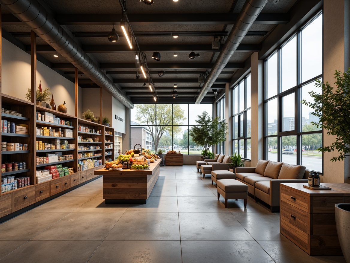 Prompt: Minimalist grocery store, industrial chic aesthetic, exposed ductwork, polished concrete floors, reclaimed wood shelves, metal accents, subtle color palette, soft warm lighting, LED strip lights, pendant lamps, natural light pouring in through large windows, cloudy day, shallow depth of field, 3/4 composition, realistic textures, ambient occlusion.