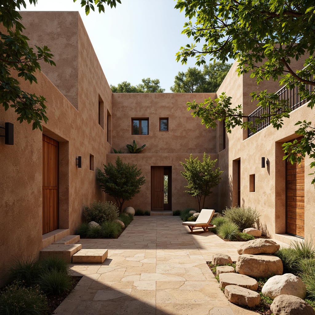 Prompt: Rammed earth walls, natural earth tones, textured surfaces, organic patterns, rustic charm, earthenware bricks, rough-hewn stones, moss-covered accents, verdant greenery, serene courtyard, warm sunlight, soft shadows, 1/1 composition, shallow depth of field, realistic textures, ambient occlusion.Please let me know if this meets your requirements or if I need to make any adjustments!