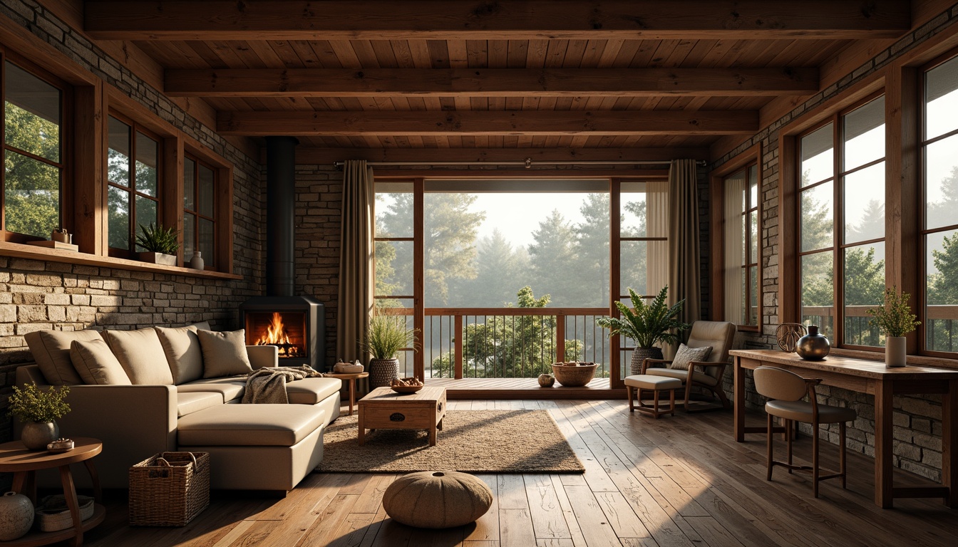 Prompt: Cozy cabin, natural earthy tones, rustic wooden accents, stone walls, vintage furniture, woven textiles, warm candlelight, soft blankets, nature-inspired decor, forest views, misty mornings, gentle sunlight, shallow depth of field, 1/1 composition, intimate atmosphere, realistic wood grain, ambient occlusion.