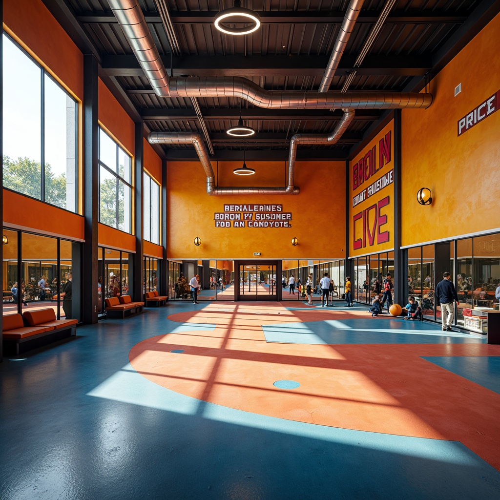 Prompt: Vibrant athletic facility, energetic atmosphere, bold color scheme, bright accents, motivational quotes, modern equipment, rubber flooring, mirrored walls, sleek metal beams, natural light pouring in, softbox lighting, shallow depth of field, 2/3 composition, warm and inviting textures, ambient occlusion.