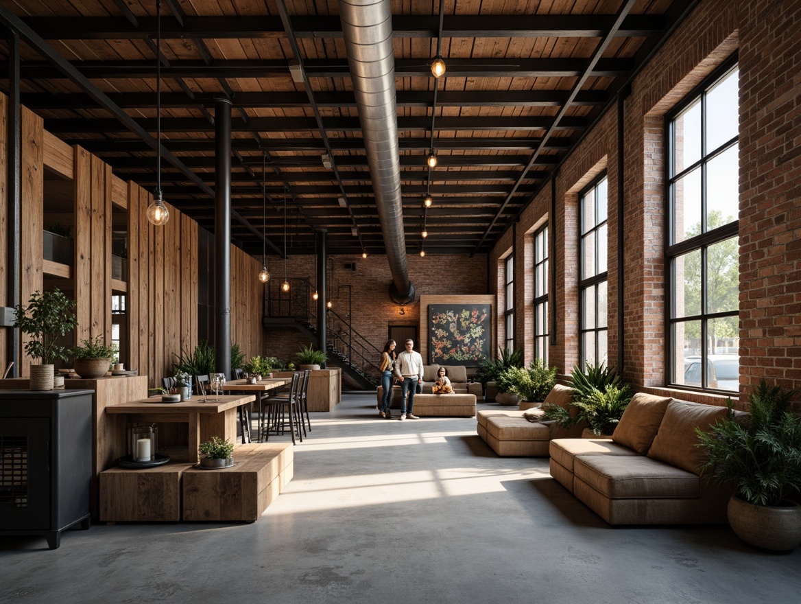 Prompt: Rustic industrial warehouse, exposed steel beams, distressed wooden planks, metal ductwork, reclaimed wood accents, urban loft atmosphere, concrete floors, Edison bulb lighting, minimalist decor, functional industrial elements, neutral color palette, rough textures, shallow depth of field, 1/1 composition, dramatic shadows, warm ambient lighting.