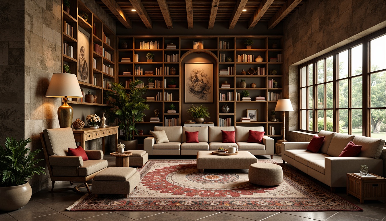 Prompt: Cozy reading nooks, plush armchairs, vintage ottomans, eclectic bookshelves, distressed wood accents, warm floor lamps, Moroccan-inspired tiles, colorful area rugs, comfortable couches, oversized pillows, natural stone walls, large windows, soft warm lighting, 1/1 composition, intimate atmosphere, realistic textures, ambient occlusion.