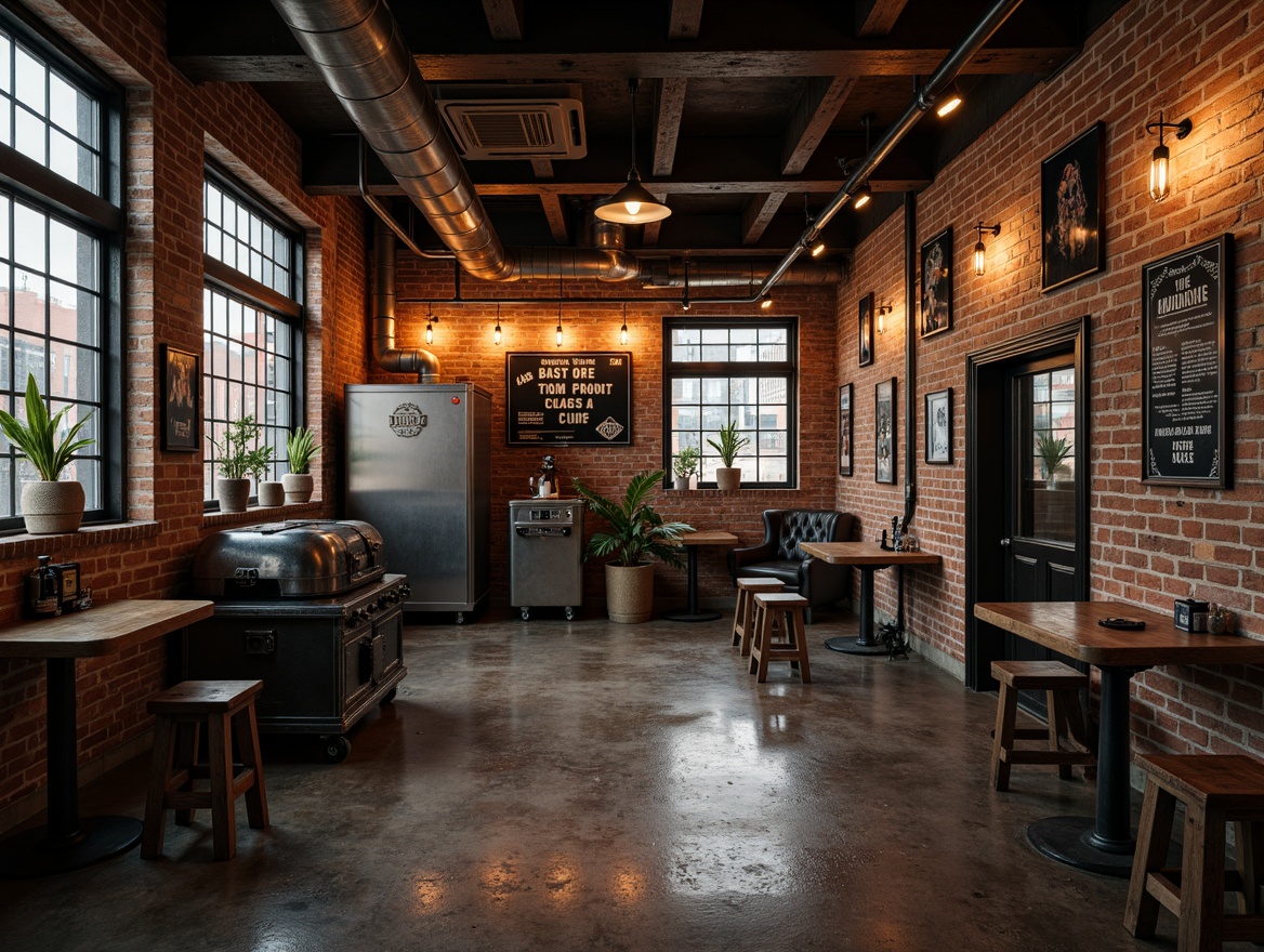 Prompt: Rustic industrial setting, exposed brick walls, metal beams, reclaimed wood accents, distressed concrete floors, vintage machinery, Edison bulbs, urban cityscape, gritty textured surfaces, moody atmospheric lighting, shallow depth of field, 2/3 composition, realistic metallic reflections, ambient occlusion, weathered steel structures, functional pipes, industrial-style signage, eclectic decorative artifacts.