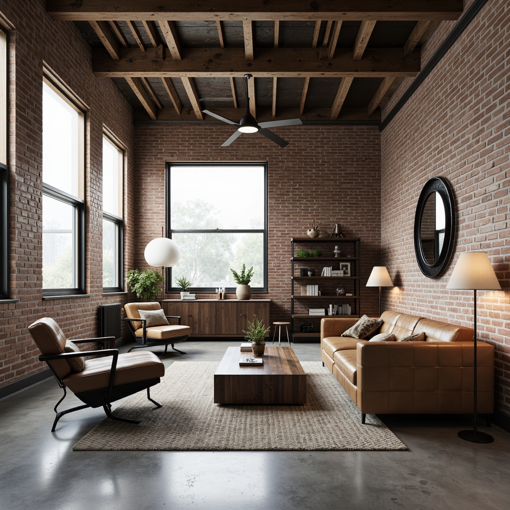 Prompt: Exposed brick walls, polished concrete floors, industrial metal beams, reclaimed wood accents, minimal ornamentation, monochromatic color scheme, low-profile sofas, sleek coffee tables, geometric-shaped lamps, functional shelving units, urban loft atmosphere, natural light pouring through large windows, airy open spaces, distressed leather upholstery, metallic legs, angular lines, functional simplicity, 1/1 composition, softbox lighting, realistic textures, subtle ambient occlusion.