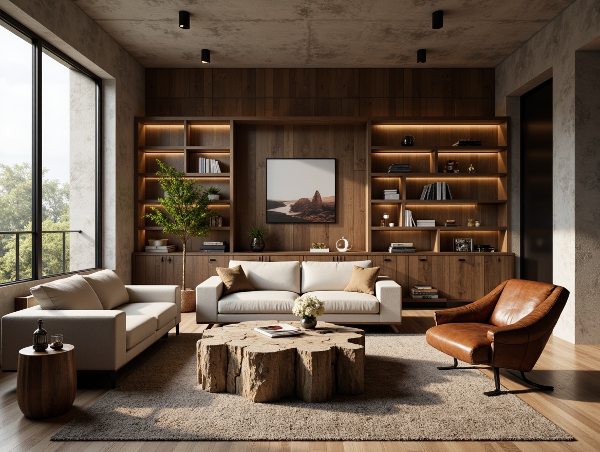 Prompt: Rustic family room, brutalist furniture layout, rough-hewn wooden coffee table, chunky stone-textured sofa, distressed leather armchair, industrial metal floor lamps, reclaimed wood accent walls, exposed concrete ceiling, minimalist decor, natural earth tones, warm ambient lighting, shallow depth of field, 1/2 composition, realistic textures, ambient occlusion.