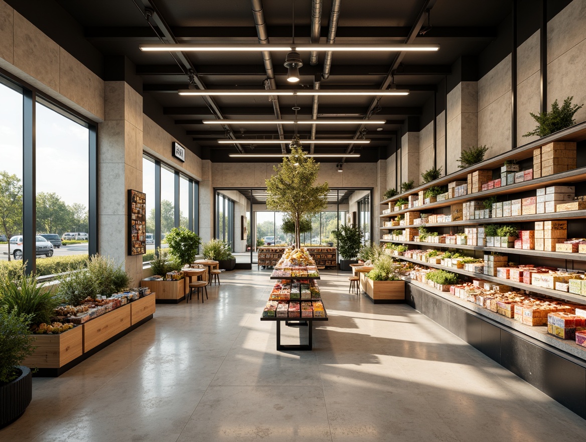 Prompt: Academic grocery store interior, modern suspended ceiling, recessed linear lighting, LED strips, warm white tones, polished concrete floors, sleek metal shelves, minimalist product displays, eco-friendly packaging, natural stone accent walls, large glass windows, soft diffused light, shallow depth of field, 1/1 composition, realistic textures, ambient occlusion, warm afternoon sunlight, subtle color grading.