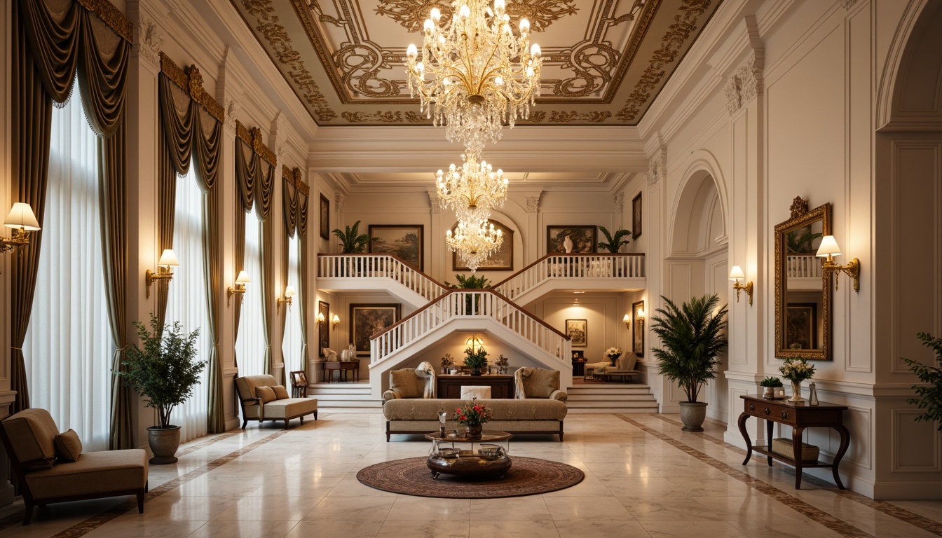 Prompt: Elegant neoclassical interior, ornate moldings, luxurious fabrics, crystal chandeliers, subtle warm glow, softbox lighting, golden lamp shades, marble floors, grand staircase, intricate carvings, ornamental mirrors, refined furnishings, sophisticated color palette, creamy whites, rich woods, velvet drapes, dramatic ceiling heights, atmospheric ambient lighting, 1/1 composition, high contrast ratio, detailed textures, realistic reflections.