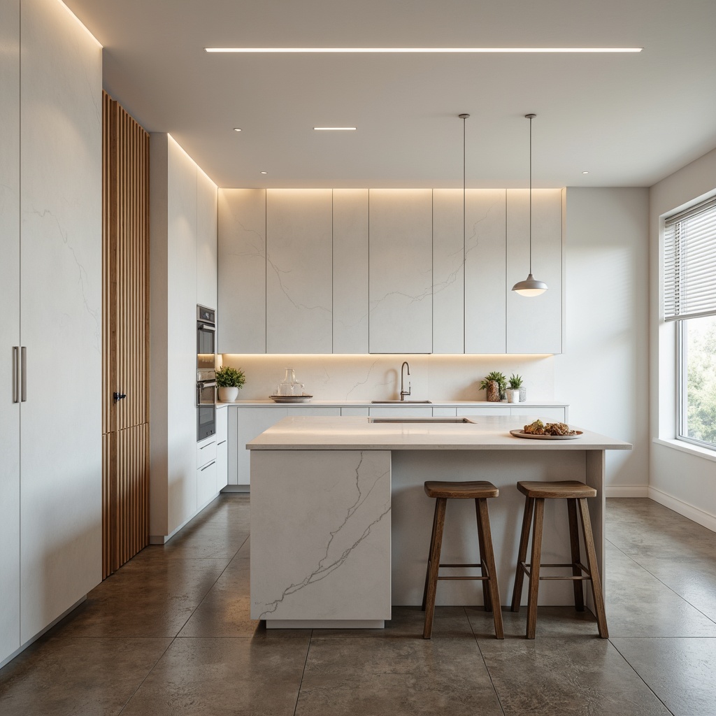 Prompt: Minimalist kitchen, white marble countertops, subtle veining, matte finish, sleek cabinetry, handle-less doors, LED strip lighting, warm neutral tones, industrial-style stools, polished concrete floors, geometric patterns, natural textures, soft diffused light, shallow depth of field, 1/1 composition, realistic reflections, ambient occlusion.