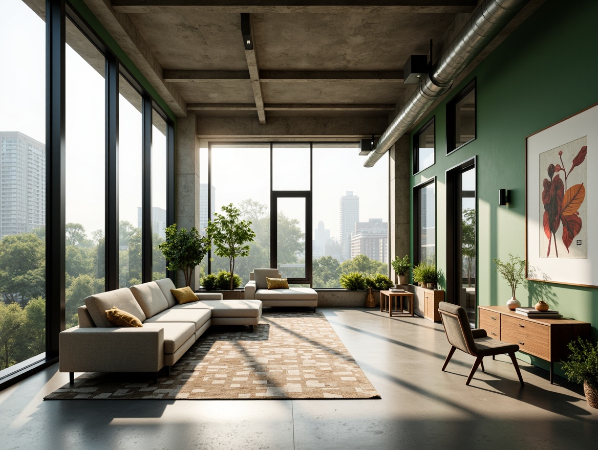 Prompt: Minimalist interior design, spacious open-plan living area, floor-to-ceiling windows, natural light pouring in, sleek low-profile furniture, polished concrete floors, industrial-chic exposed ductwork, modern minimalist decor, green walls, lush indoor plants, urban loft atmosphere, high ceilings, airy feel, abstract art pieces, geometric-shaped rugs, soft warm lighting, shallow depth of field, 3/4 composition, panoramic view.