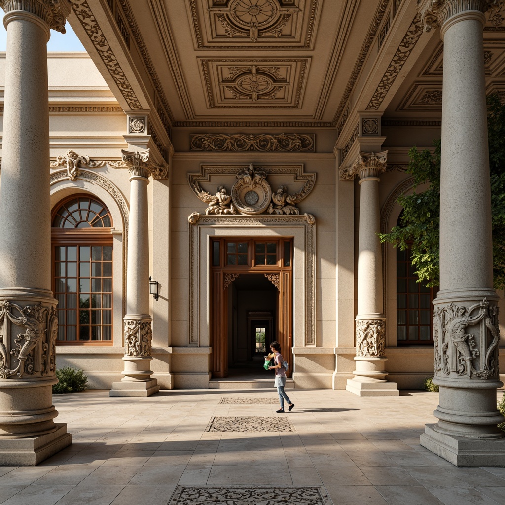 Prompt: Ornate classical architecture, intricate molding details, ornamental columns, grandiose entrances, symmetrical facades, carved stone decorations, refined stucco textures, subtle color palette, warm golden lighting, shallow depth of field, 1/1 composition, realistic renderings, ambient occlusion.