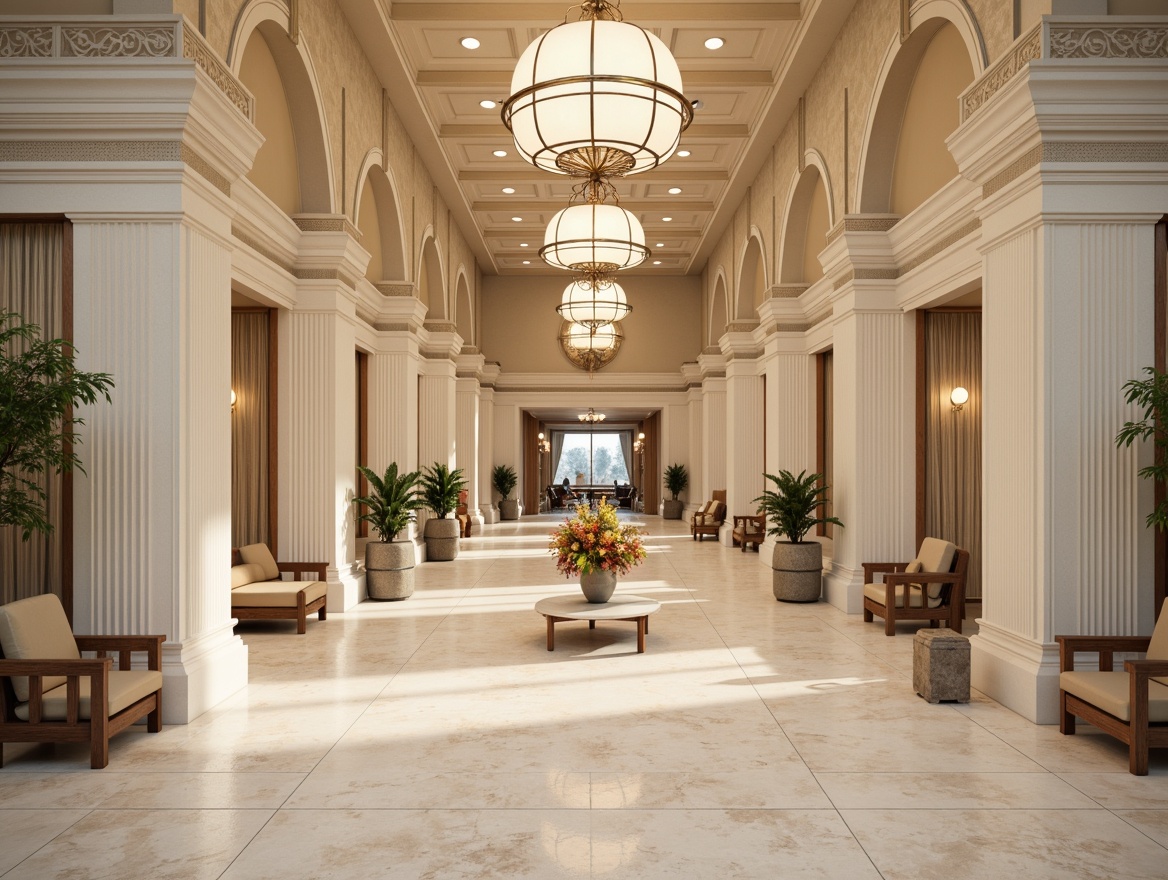 Prompt: Elegant healthcare center, neoclassical architecture, ornate columns, grand entrance, sweeping arches, symmetrical fa\u00e7ade, cream-colored stone walls, polished marble floors, intricate moldings, luxurious chandeliers, warm beige interiors, comfortable waiting areas, natural wood accents, large windows, soft diffused lighting, 1/1 composition, realistic textures, ambient occlusion.