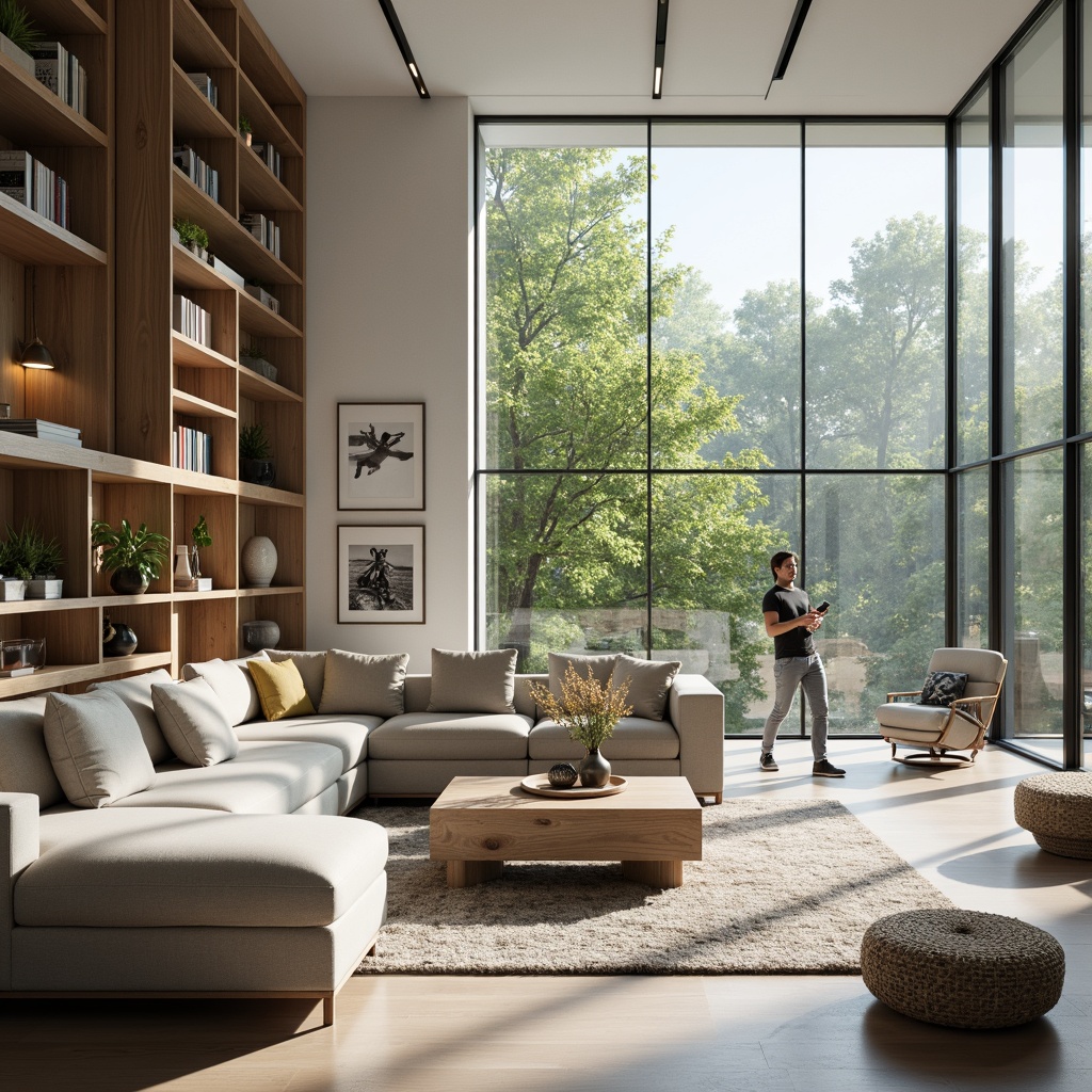 Prompt: Modern living room, sleek sofa, wooden coffee table, minimalist decor, abundant natural light, floor-to-ceiling windows, neutral color palette, functional storage units, multi-functional furniture pieces, optimized traffic flow, ergonomic chair design, task-oriented lighting fixtures, 1/1 composition, shallow depth of field, realistic textures, ambient occlusion.