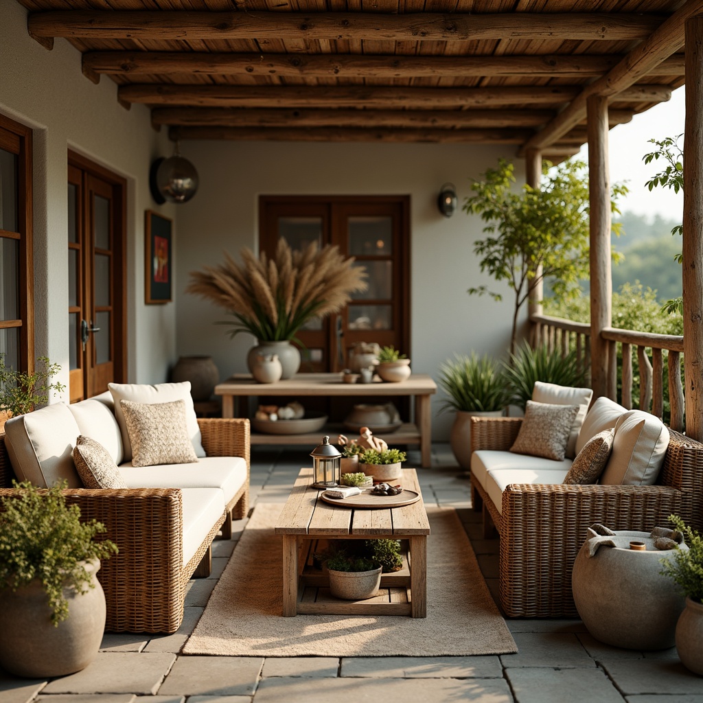 Prompt: Cozy rural setting, natural wood tones, woven wicker furniture, plush cushions, earthy color palette, vintage decorative accents, distressed wooden tables, lantern-style lighting, soft warm ambiance, shallow depth of field, 1/1 composition, symmetrical arrangement, relaxed atmosphere, organic textures, subtle patterns, botanical elements, potted plants, stone flooring, rustic metal frames.