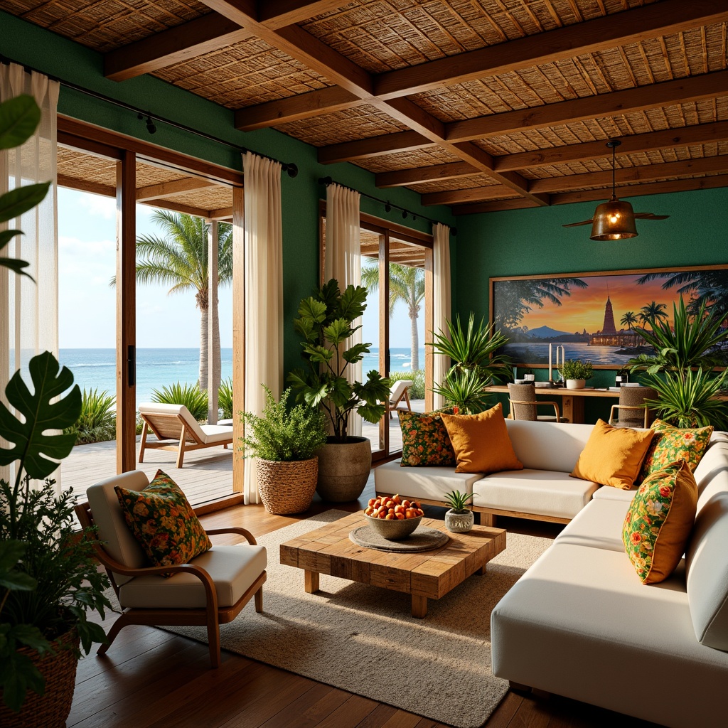 Prompt: Vibrant tropical plants, exotic flowers, rattan furniture, natural wood accents, woven bamboo ceiling, warm golden lighting, large windows, sliding glass doors, ocean views, beachy vibe, laid-back atmosphere, colorful tiki torches, hand-painted murals, lush green walls, reclaimed wood floors, nautical ropes, driftwood decorations, rustic metal lanterns, soft breezy curtains, tropical fruit centerpieces, vibrant colored textiles, eclectic global-inspired decor, 3/4 composition, shallow depth of field.