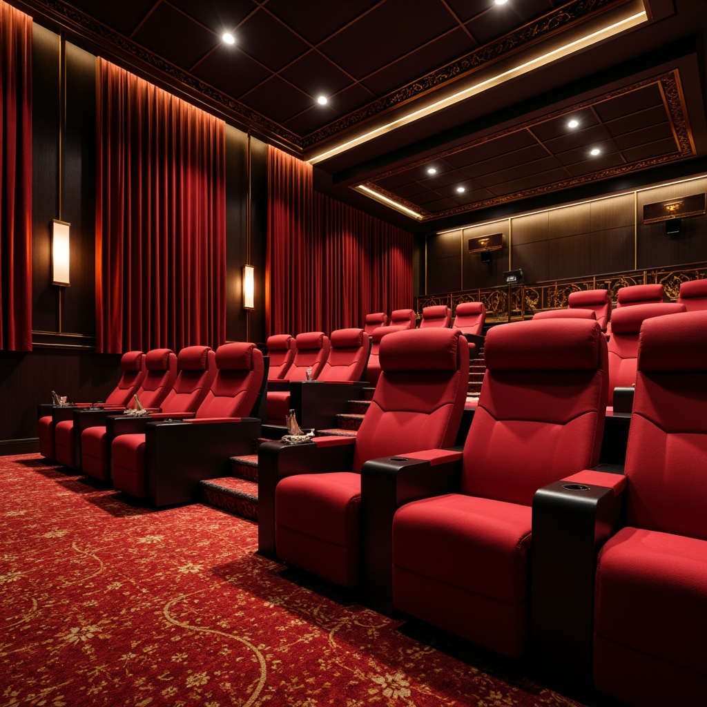 Prompt: \Modern cinema interior, rich velvet curtains, luxurious reclining seats, sleek metallic accents, dark wood paneling, dimmable LED lighting, vibrant red carpeting, ornate gold details, Art Deco patterns, geometric shapes, ambient cinematic atmosphere, soft warm glow, 1/1 composition, shallow depth of field, realistic textures, subtle color grading.\Please let me know if this meets your requirements!