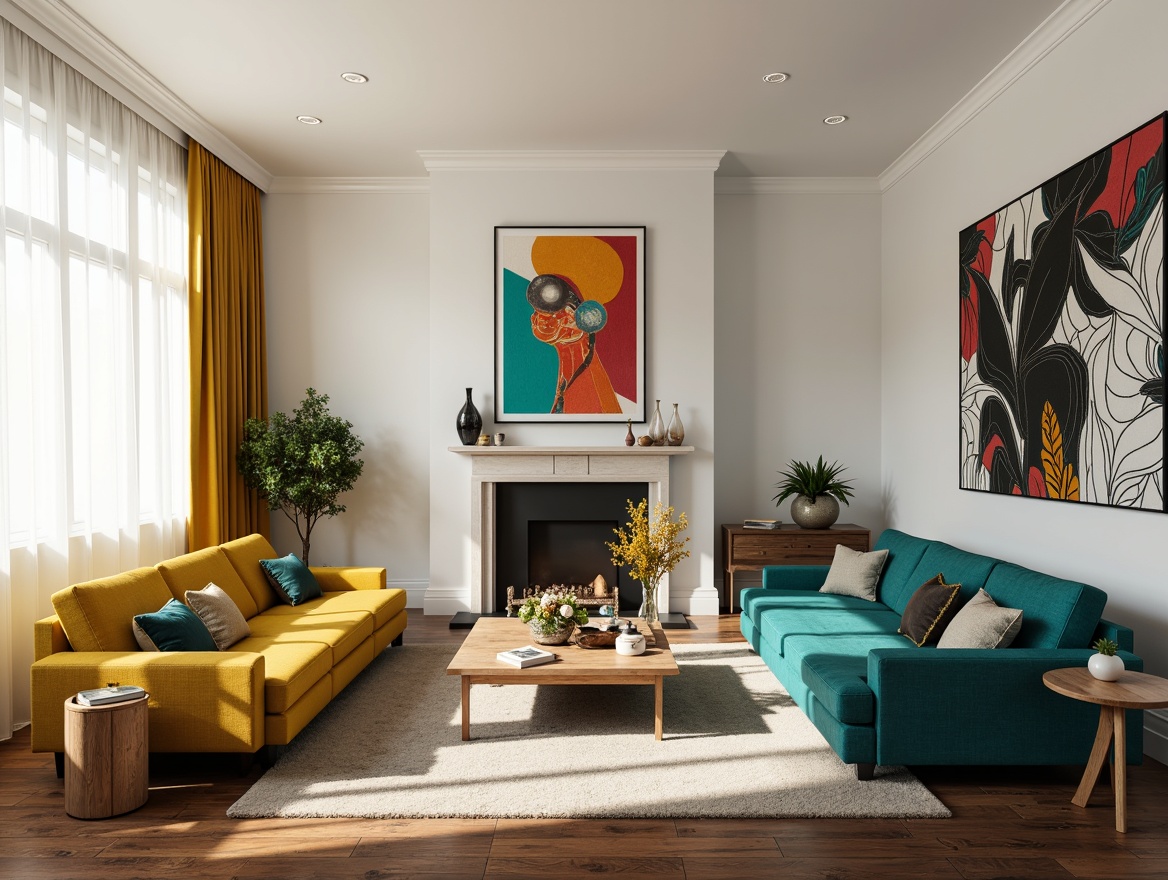 Prompt: Vibrant living room, bold artwork, statement furniture pieces, rich turquoise accents, creamy white walls, dark hardwood floors, modern minimalist decor, natural light pouring in, sheer curtains, warm ambiance, cozy atmosphere, 1/1 composition, soft focus, warm color palette.