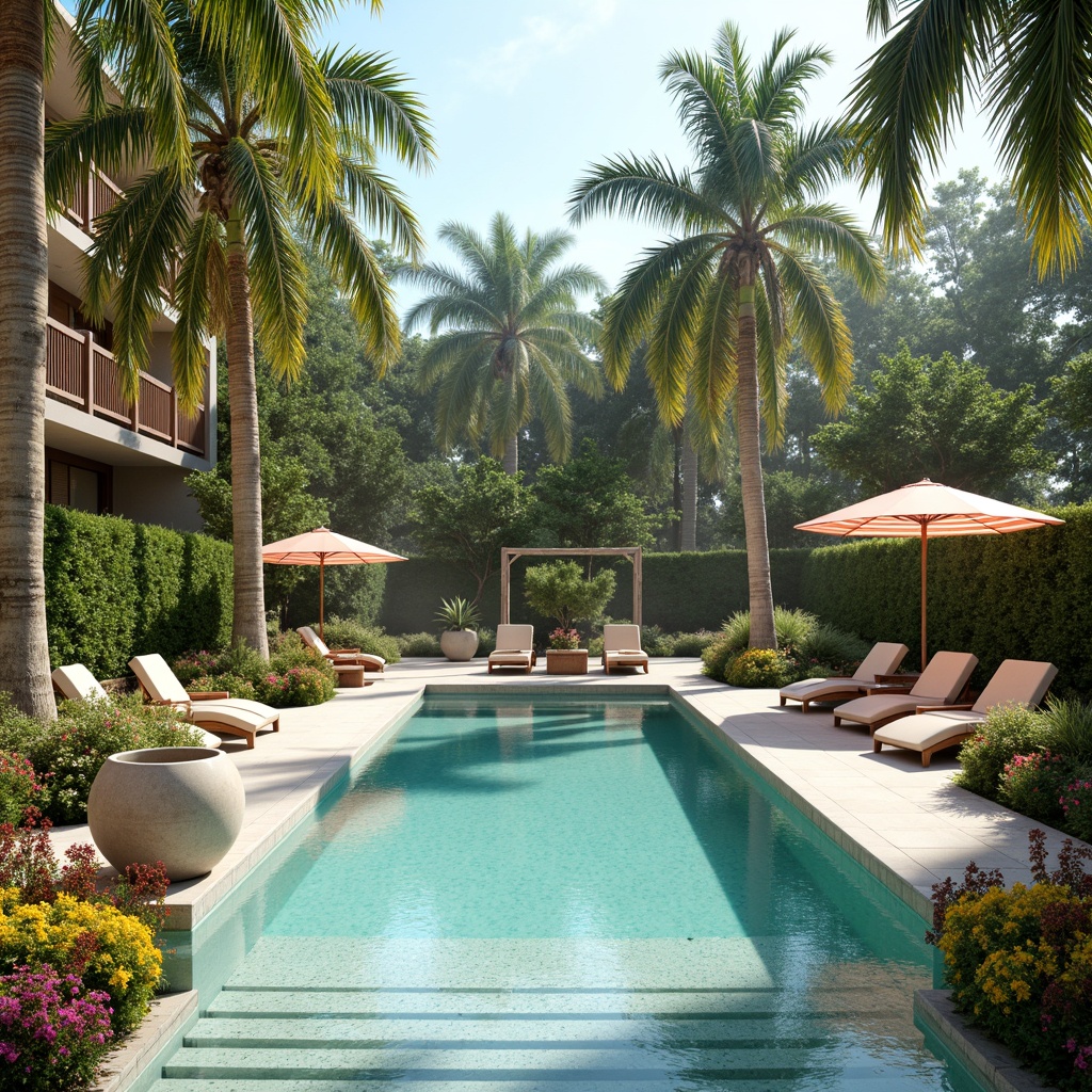 Prompt: Tropical pool oasis, warm sunny day, crystal-clear turquoise water, surrounding lush greenery, vibrant floral arrangements, natural stone decking, sleek modern outdoor furniture, colorful striped umbrellas, refreshing misting systems, calming ambient lighting, shallow depth of field, 1/1 composition, realistic textures, soft warm color palette, pastel hues, creamy whites, blues and greens.