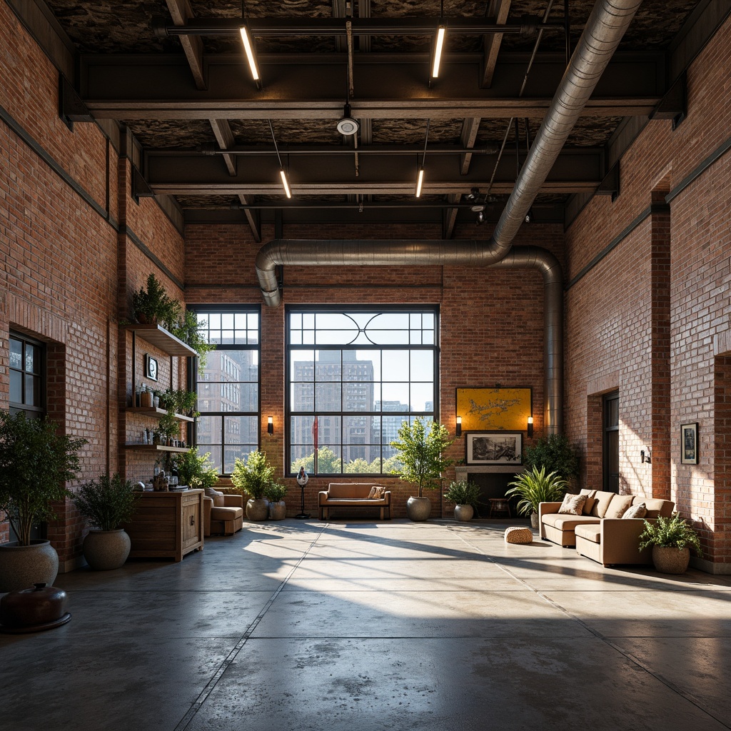 Prompt: Industrial warehouse atmosphere, exposed brick walls, metal beams, polished concrete floors, reclaimed wood accents, neutral background tones, weathered steel features, earthy brown hues, deep blues, industrial greens, vibrant yellow accents, warm Edison bulb lighting, dramatic shadows, high-contrast color scheme, urban cityscape views, gritty textures, metallic sheens.