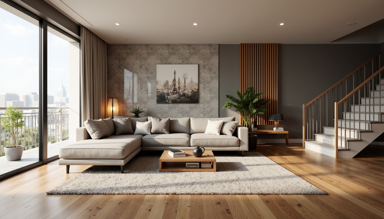 Prompt: Modern living room, sleek hardwood flooring, plush area rug, comfortable sectional sofa, accent walls, textured wallpaper, minimalist coffee table, floor-to-ceiling windows, natural light, soft warm ambiance, 1/1 composition, realistic wood textures, ambient occlusion.