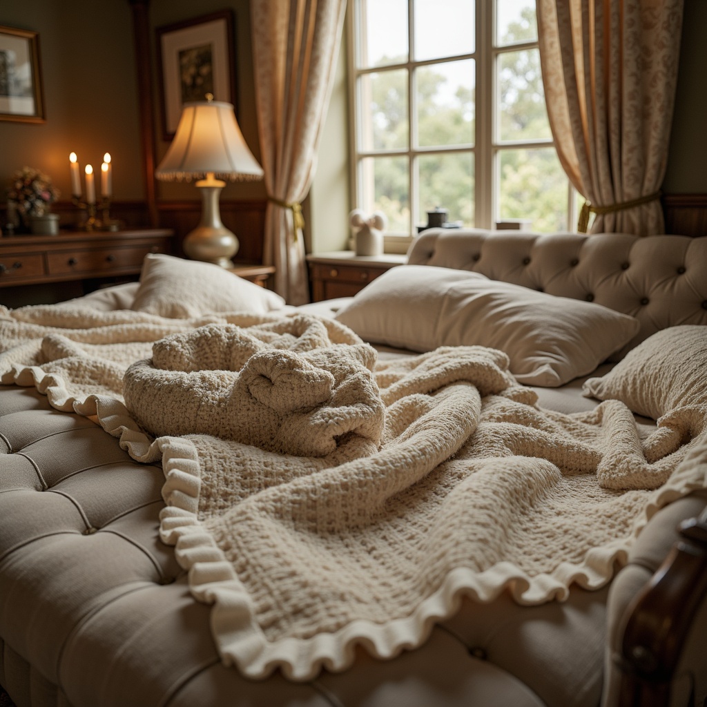 Prompt: Soft, plush throw blankets, vintage lace trim, distressed velvet fabrics, muted pastel hues, subtle floral patterns, ruffled linen drapes, tufted upholstery, antique brocade, warm beige tones, creamy whites, rustic wood accents, ornate metal frames, candlelit ambiance, warm golden lighting, shallow depth of field, 1/1 composition, romantic atmosphere.