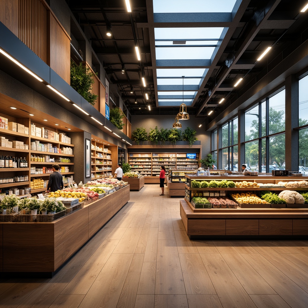 Prompt: Modern grocery store interior, academic ambiance, sleek shelving units, polished wooden floors, energy-efficient LED lighting, suspended linear luminaires, warm color temperature, soft indirect illumination, cozy atmosphere, decorative pendant lamps, minimalist product displays, abundant natural light, large skylights, open ceiling design, subtle texture variations, realistic reflections, shallow depth of field, 1/1 composition, ambient occlusion.