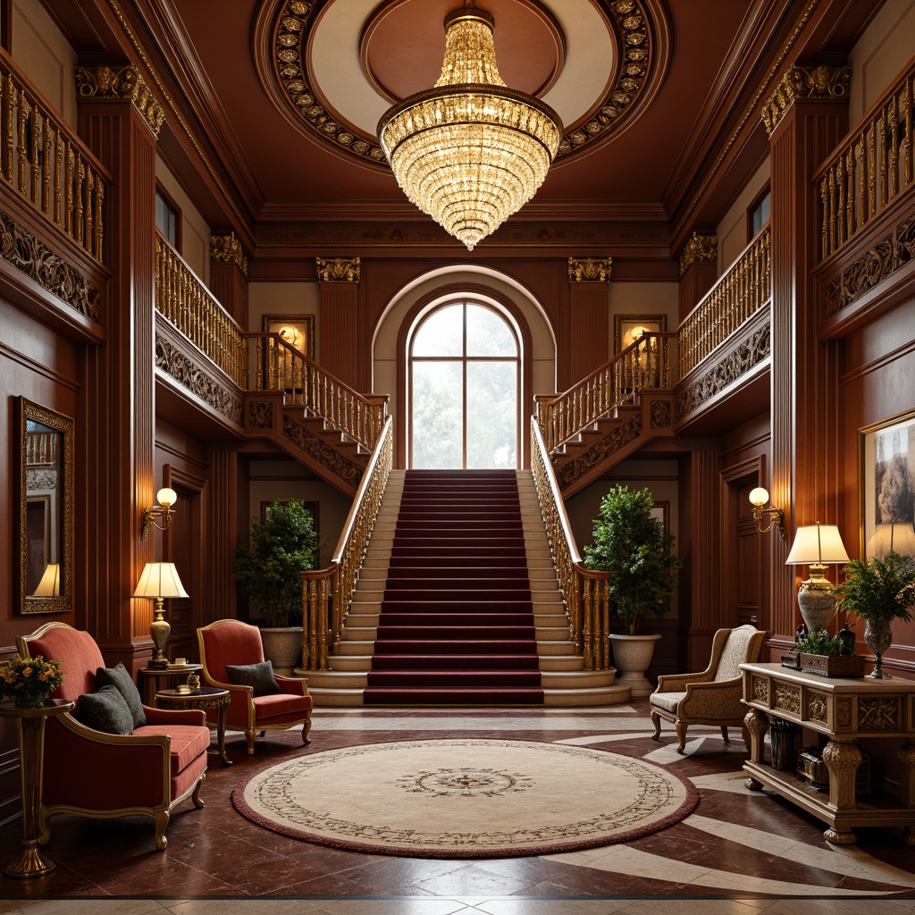 Prompt: Elegant luxury mansion, grand entrance hall, sweeping staircase, ornate chandelier, rich wood paneling, intricate carvings, velvet upholstery, gilded accents, classical columns, sculpted furnishings, tufted sofas, carved wooden legs, crystal glass tables, marble countertops, golden lighting fixtures, soft warm glow, shallow depth of field, 1/1 composition, realistic textures, ambient occlusion.