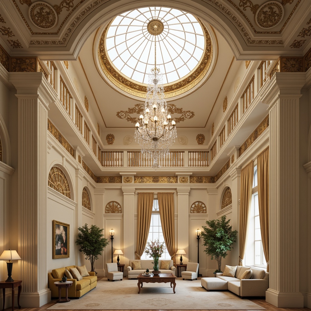 Prompt: Ornate ceiling, neoclassical architecture, grand chandelier, crystal droplets, gold leaf accents, intricate moldings, decorative medallions, ornamental reliefs, classic columns, arches, domed skylight, soft cream colors, elegant furnishings, luxurious textiles, refined patterns, subtle lighting, warm ambiance, 1/1 composition, realistic reflections, ambient occlusion.