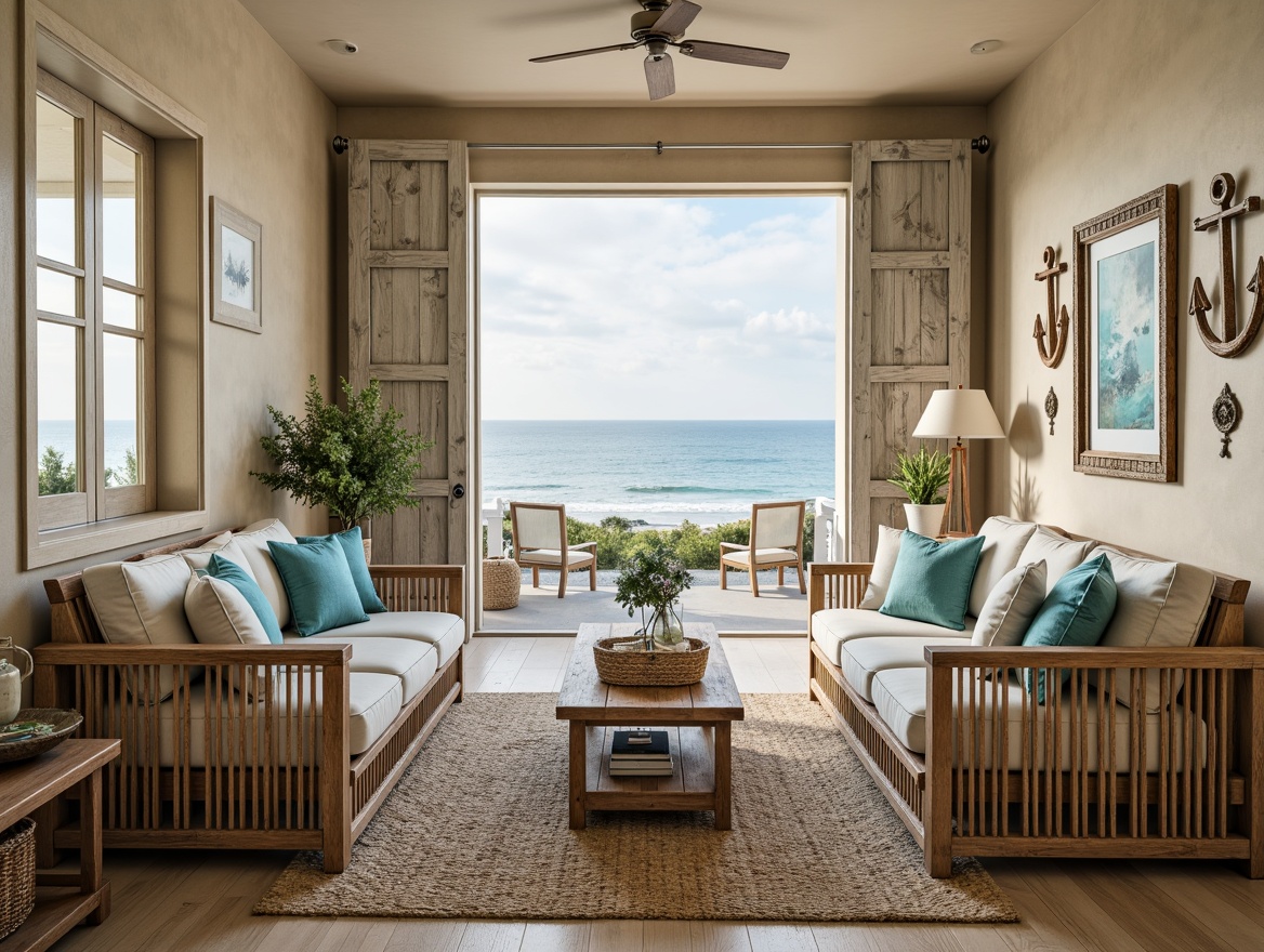 Prompt: Coastal-themed living room, calming ocean views, sandy beige walls, driftwood furniture, nautical ropes, distressed wood accents, vintage anchors, coral-inspired decorative accessories, sea glass vases, woven jute rugs, natural linen upholstery, ocean-blue throw pillows, weathered wooden shutters, soft warm lighting, shallow depth of field, 3/4 composition, panoramic view, realistic textures, ambient occlusion.