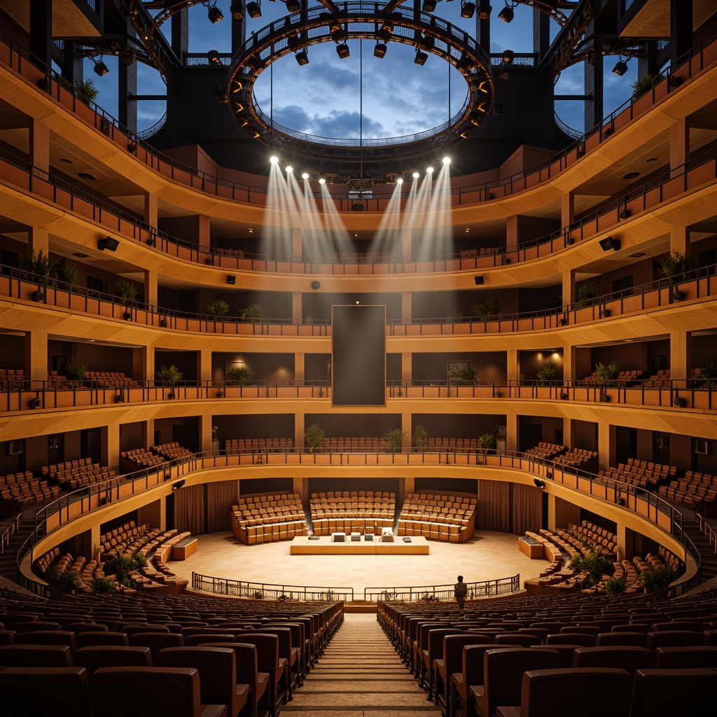 Prompt: Dramatic amphitheater architecture, grandstand seating, elevated stages, warm golden lighting, suspended LED fixtures, spherical pendant lamps, radial beam spotlights, sleek metal railings, polished concrete floors, tiered audience sections, acoustic sound systems, evening sunset ambiance, soft warm glow, shallow depth of field, 1/1 composition, symmetrical framing, realistic reflections.