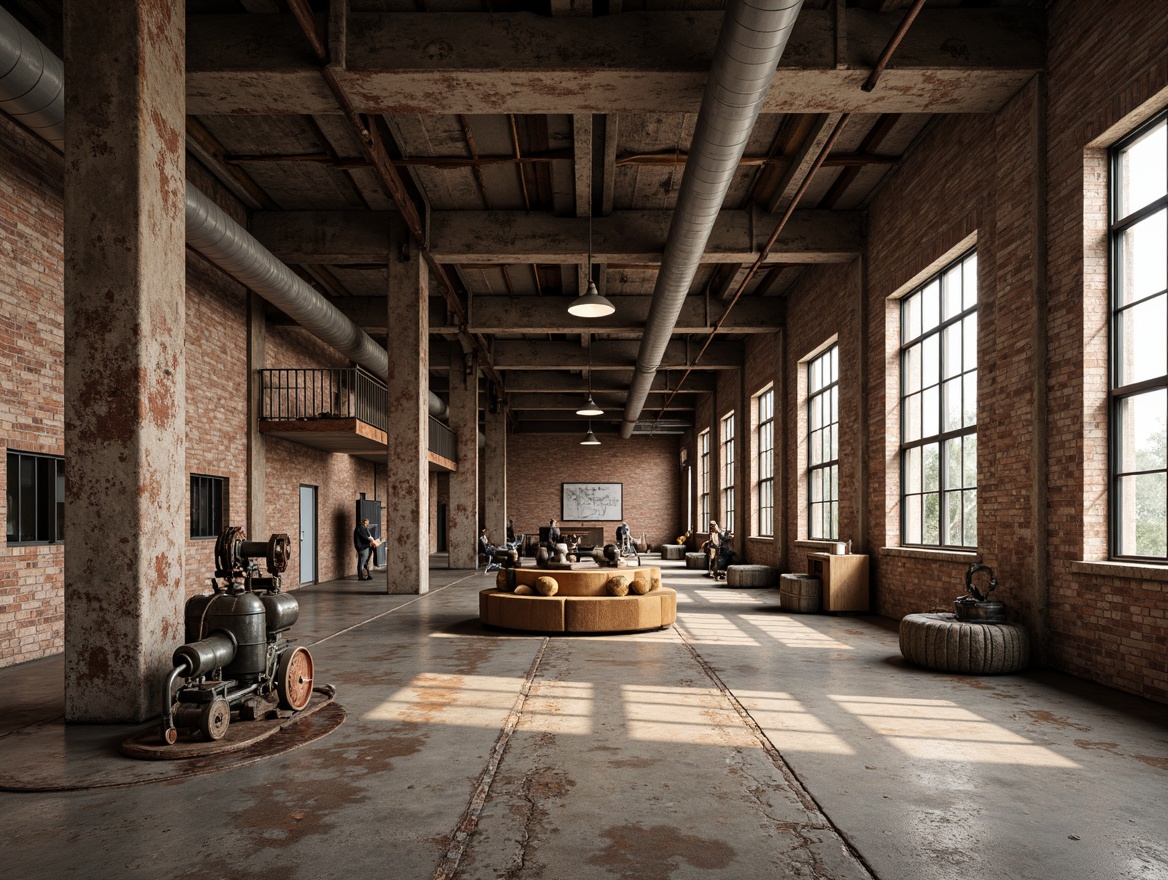 Prompt: Industrial heritage buildings, distressed brick walls, rusty metal accents, worn wooden floors, vintage machinery, exposed ductwork, earthy tones, muted pastels, weathered concrete, nostalgic ambiance, warm soft lighting, shallow depth of field, 2/3 composition, realistic textures, ambient occlusion.