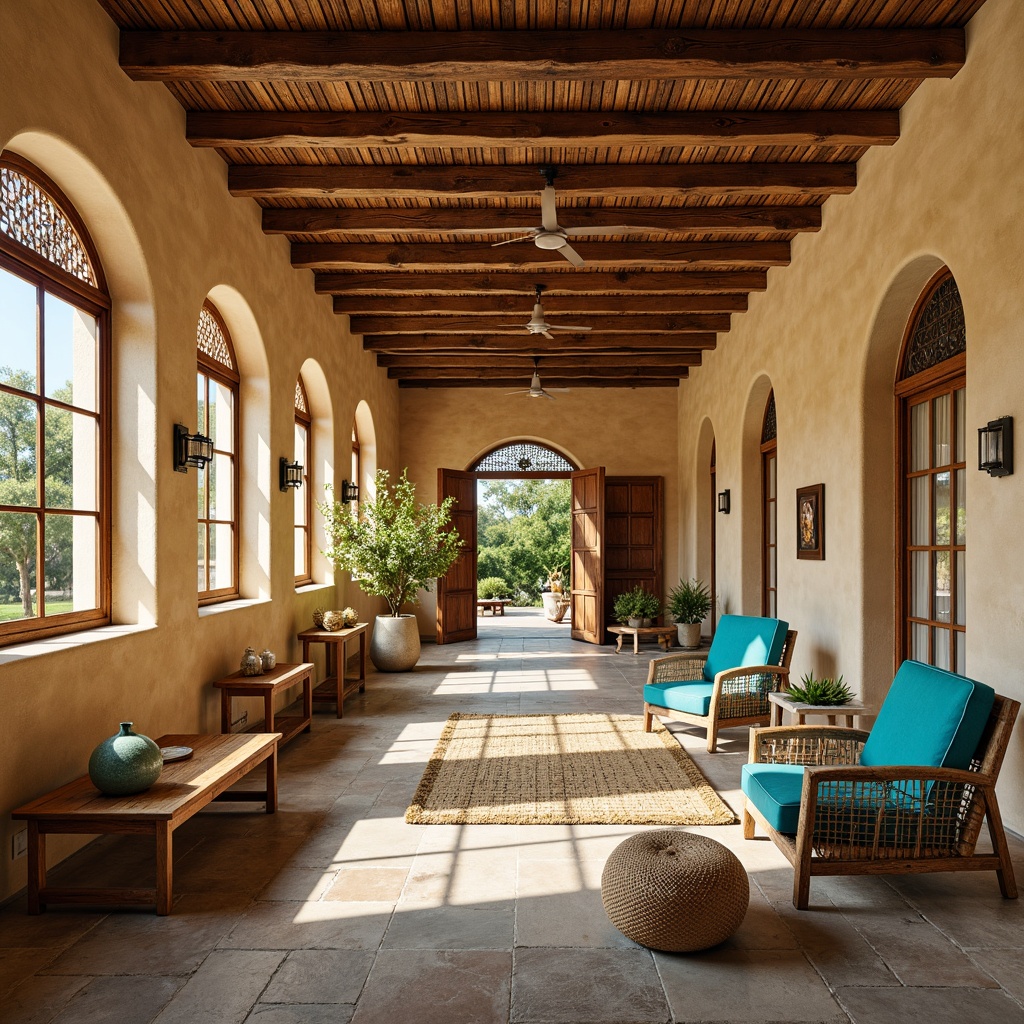 Prompt: Warm beige stucco walls, rustic wooden beams, ornate ceramic tiles, arched windows, ornamental metalwork, distressed wood furniture, vibrant turquoise accents, natural stone flooring, woven rattan textiles, lush greenery, soft warm lighting, shallow depth of field, 3/4 composition, panoramic view, realistic textures, ambient occlusion.