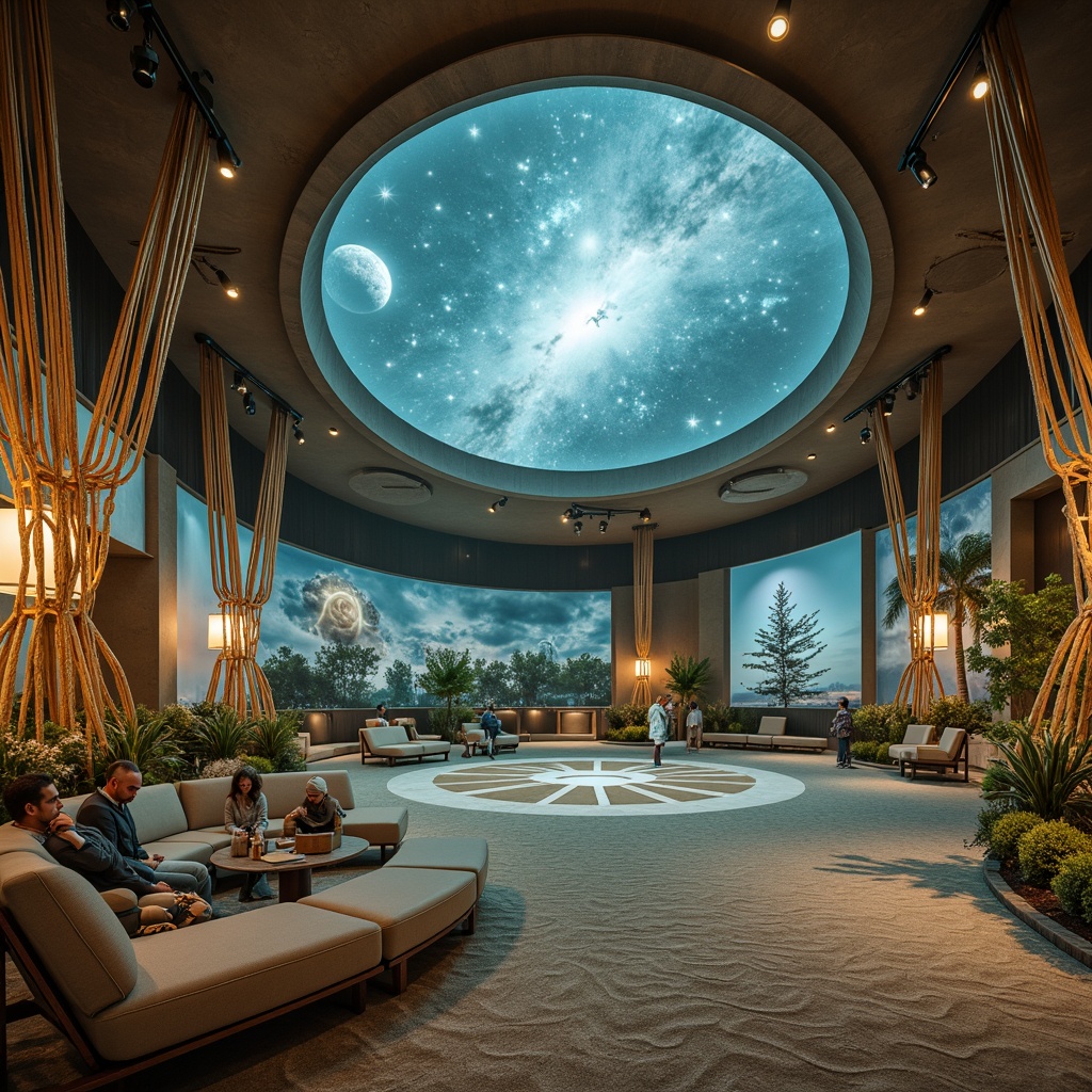 Prompt: Driftwood accents, ocean-inspired murals, sandy beige walls, coral-patterned flooring, wavy wood paneling, nautical rope details, starry night sky projections, twinkling string lights, celestial body installations, soft blue-green lighting, misty atmospheric effects, 3D planetary visualizations, spherical dome screens, immersive audio experiences, plush sea-salt scented seating, ocean-breeze soundscapes, subtle wave-patterned carpets, shimmering iridescent fabrics, astronomical instrument displays.Please let me know if this meets your expectations!