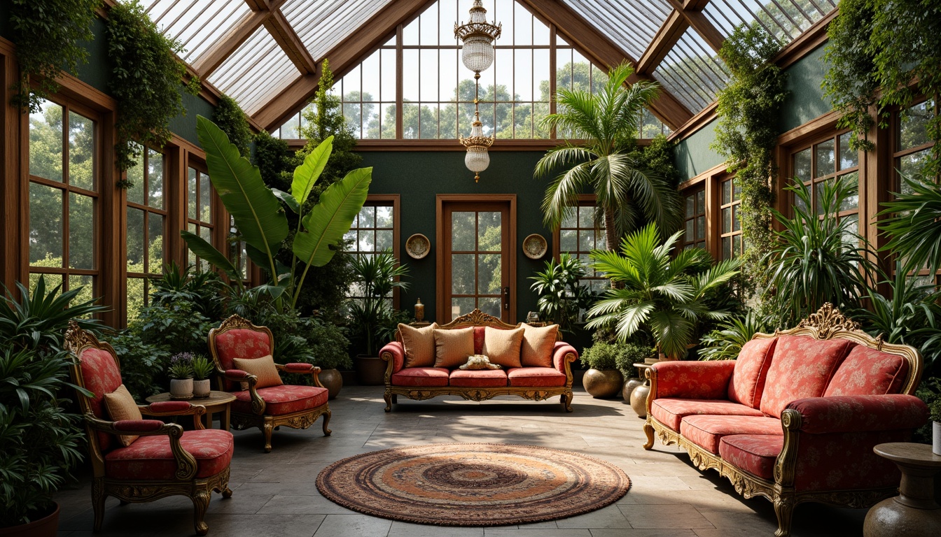 Prompt: Ornate greenhouse, lush tropical plants, vintage baroque furniture, intricately carved wooden chairs, velvet sofas, golden metal accents, ornamental mirrors, crystal chandeliers, rich tapestries, luxurious fabrics, natural stone flooring, moss-covered walls, soft warm lighting, shallow depth of field, 3/4 composition, panoramic view, realistic textures, ambient occlusion.