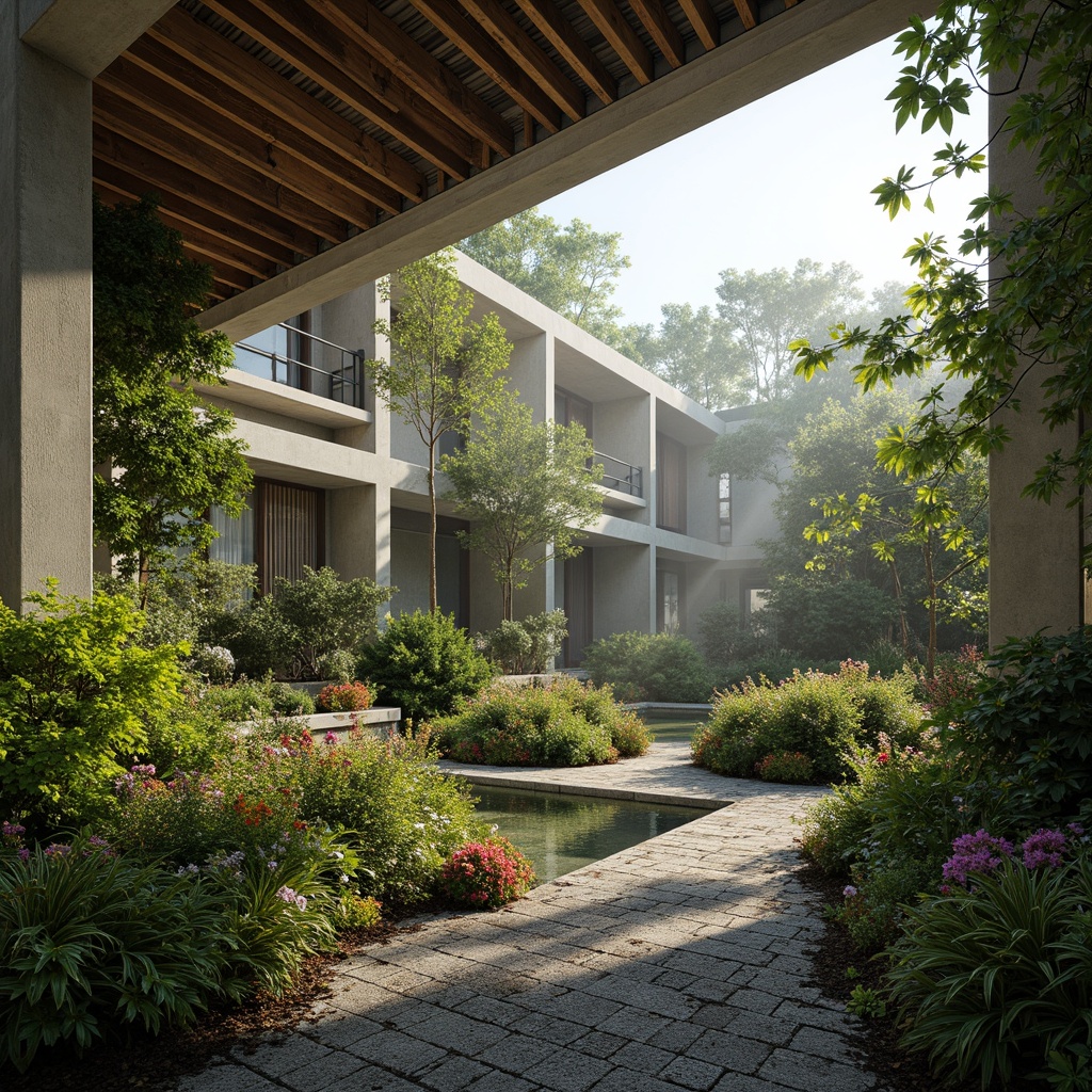 Prompt: Exposed concrete structures, brutalist architecture, lush greenery, dense foliage, natural light, industrial materials, reclaimed wood accents, steel beams, urban oasis, vibrant flowers, tropical plants, misting systems, warm sunny day, soft diffused lighting, shallow depth of field, 1/1 composition, panoramic view, realistic textures, ambient occlusion.