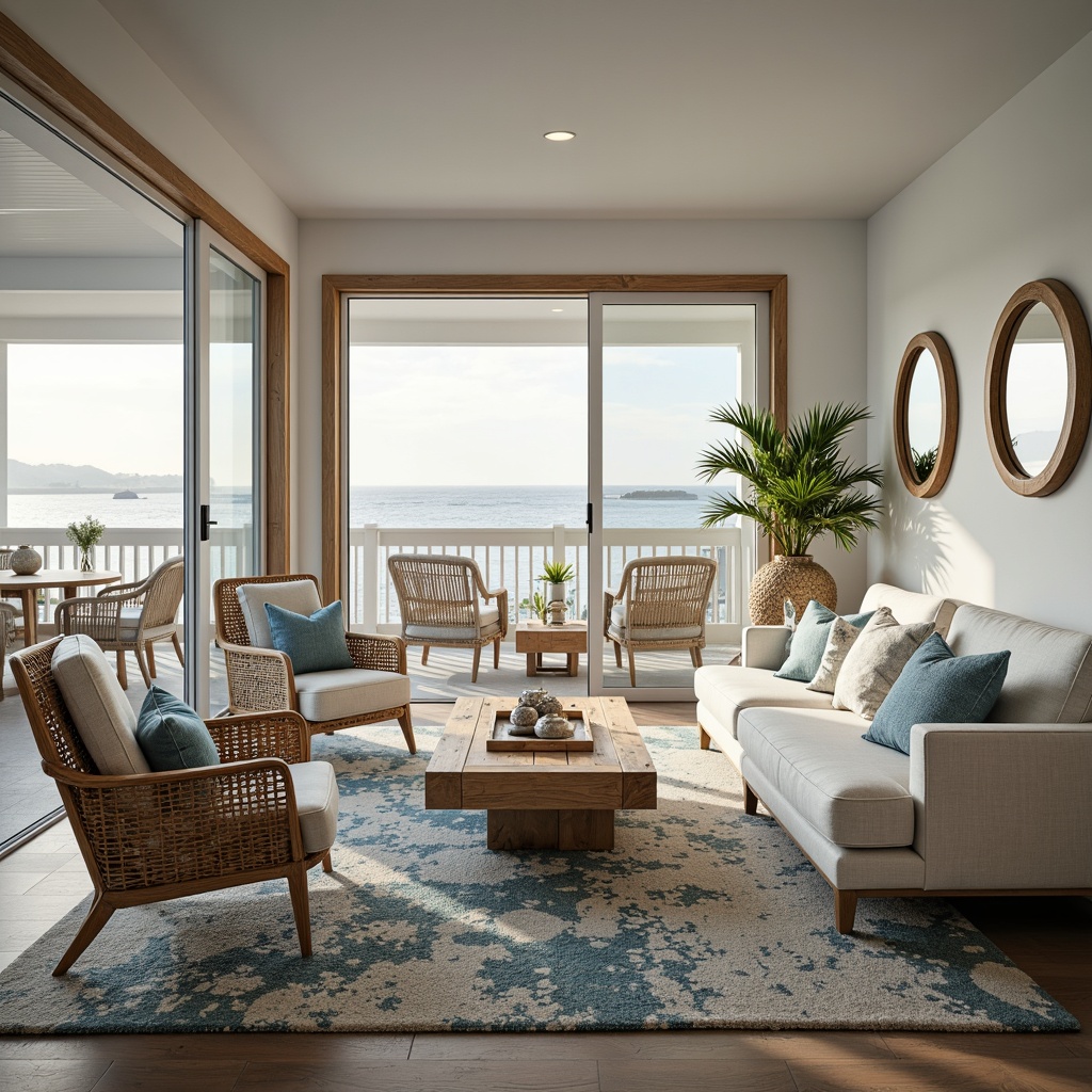 Prompt: Seaside coastal home, driftwood-inspired furniture, ocean-blue accents, natural textures, woven wicker chairs, reclaimed wood coffee tables, coral-patterned rugs, shell-shaped decorative items, beachy vibe, airy open spaces, large windows, sliding glass doors, sunlight-filled rooms, refreshing sea breeze, minimal ornamentation, soft calming colors, weathered wood finishes, nautical-themed decor, porthole-style mirrors, comfortable plush sofas, ocean-view balconies, morning sunrise lighting, 3/4 composition, atmospheric perspective.