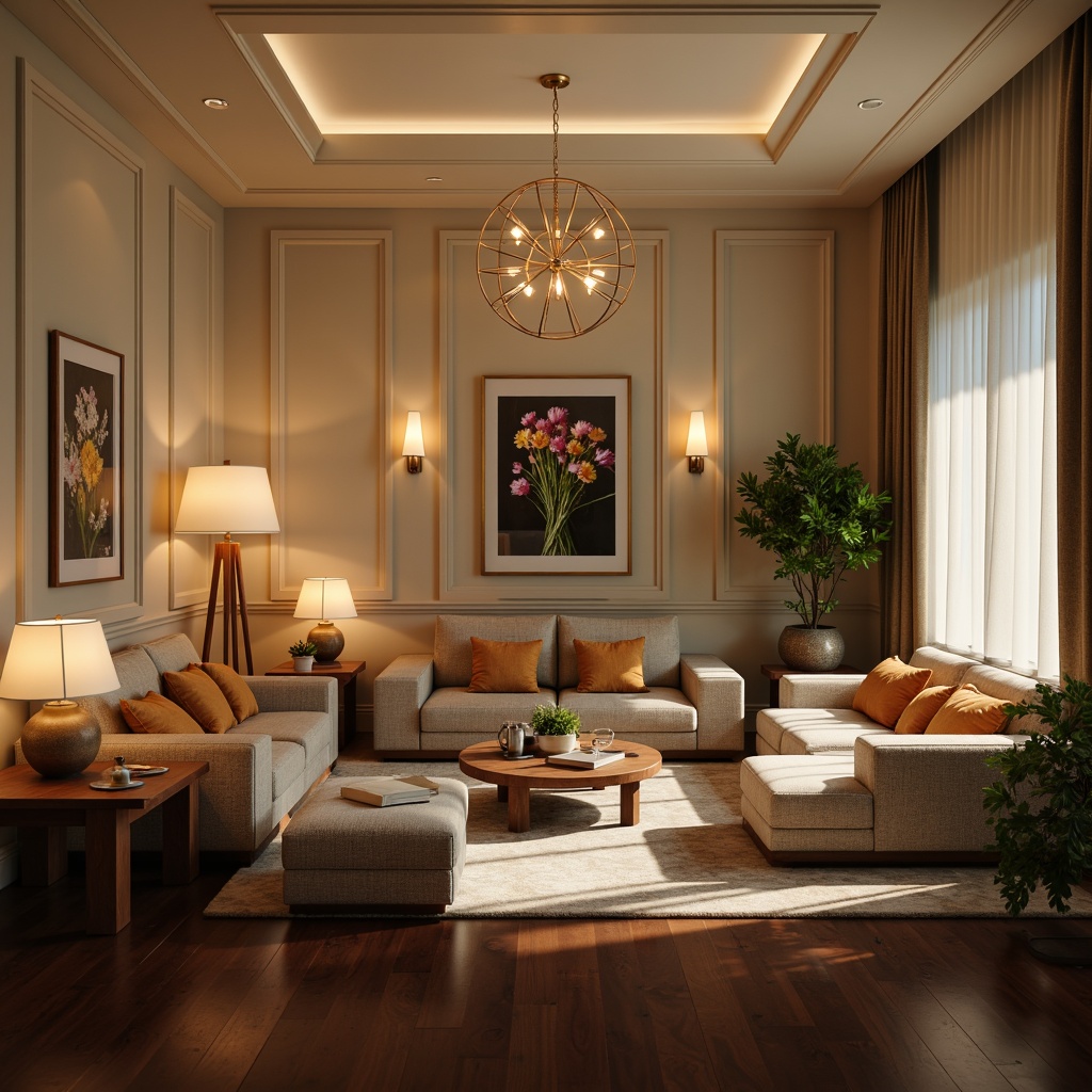 Prompt: Elegant living room, warm cozy atmosphere, soft glowing lamps, table lamps, floor lamps, pendant lights, chandeliers, LED strips, recessed lighting, wall sconces, modern minimalist design, cream-colored walls, dark hardwood floors, plush sofas, natural fabrics, vibrant colorful throw pillows, sunny day, warm white lighting, shallow depth of field, 1/1 composition, realistic textures, ambient occlusion.